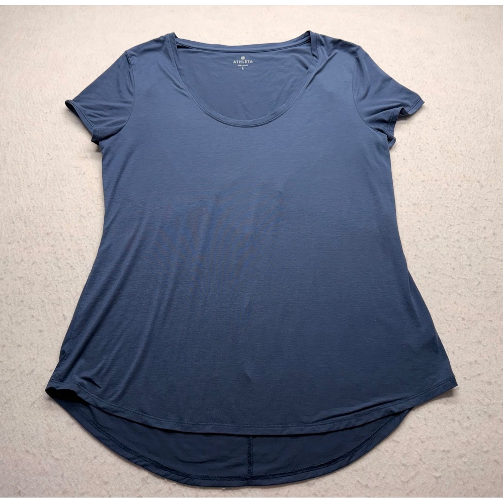 Athleta Womens Blue Gray Short Sleeve Scoop Neck Crossover Back Top Size L
